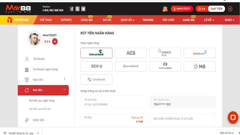 Hướng dẫn rút và gửi tiền cấp Sen88 - Sen88